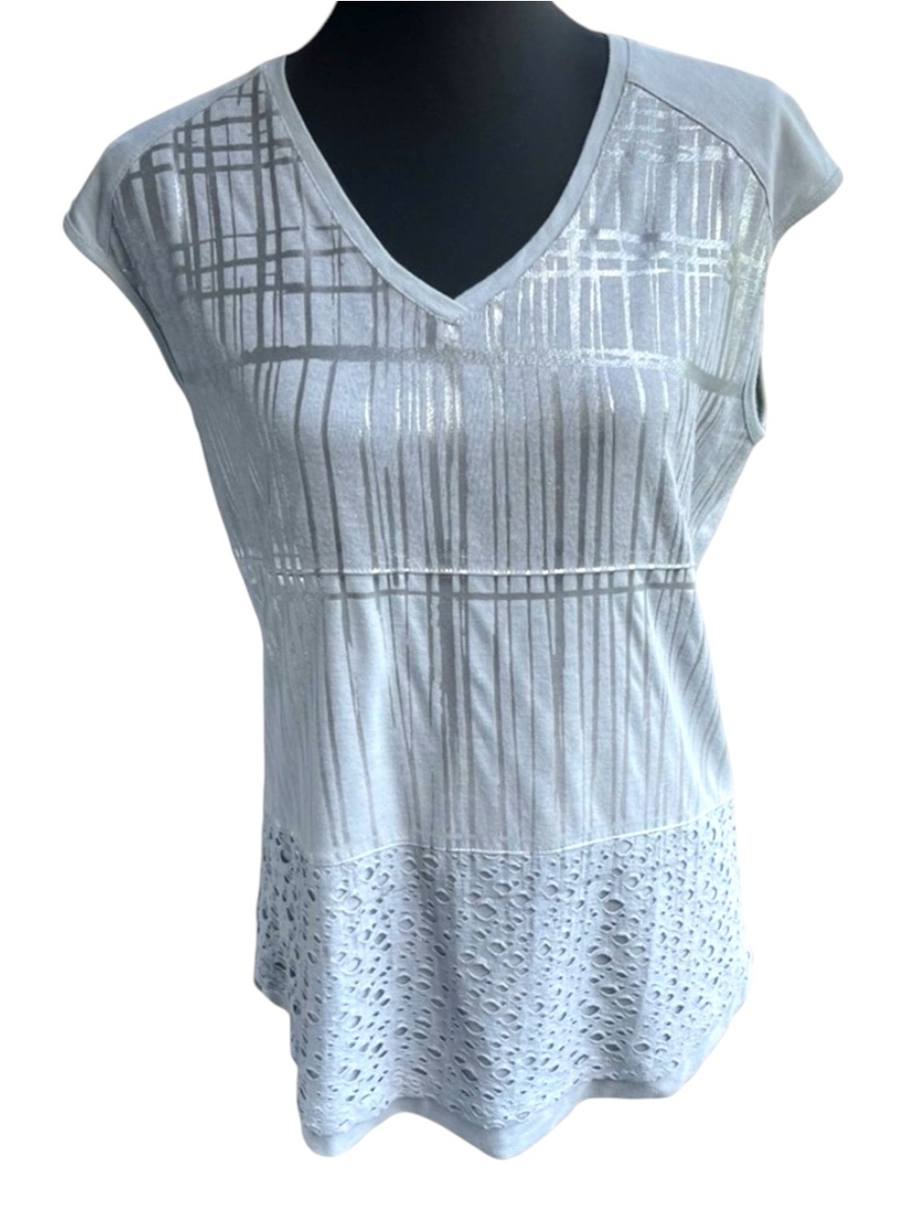 Dolcezza Smoke Grey with Silver Stripes V-Neck Cap Sleeve Top (S)